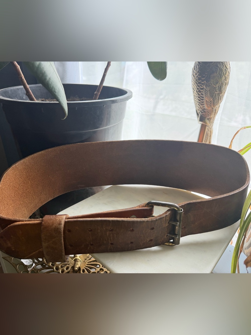 Vintage Thick Leather Wide Utility Work Belt Double Prong Buckle Made in Canada